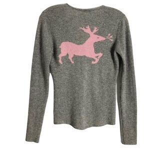 Nwot Alashan Grey Cashmere V Neck Sweater with Pink Reindeer Pattern Small